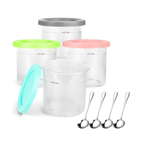 Ninja Lot de 4 pintes à crème glacée NC299AMZ & NC300s, sans BPA et passent au lave-vaisselle, couvercle coloré, transparent/