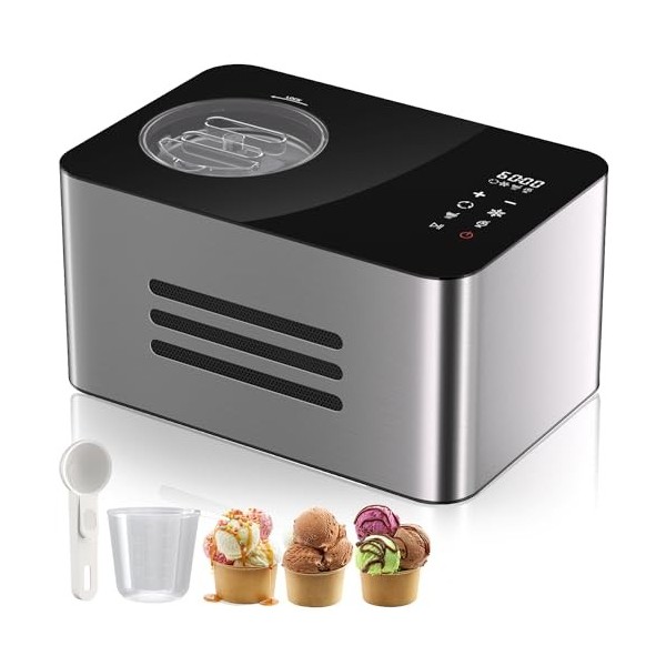 Vpcok Direct Machine à crème glacée 2 L avec compresseur 150 W Auto-réfrigérante, 4 Modes, Écran LED, Minuterie réglable tact