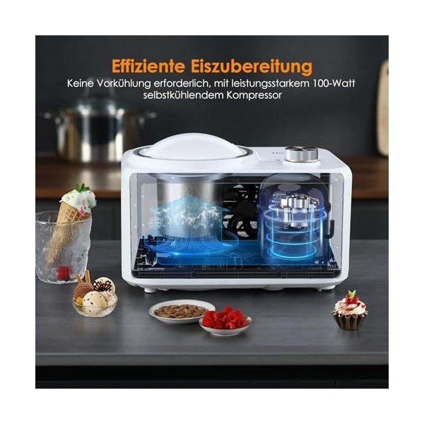 Homtone Machine à Crème Glacée 0,8 L avec Compresseur 100 W, Sorbetière sans Pré-congélation, Fabrication de Glaces, Gelato, 
