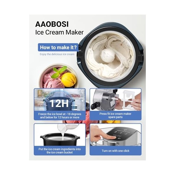 Aobosi Machine à crème glacée,Machine à crème glacée portable avec pale de mélange détachable,Gelato Sorbet Frozen Yoghurt Ma