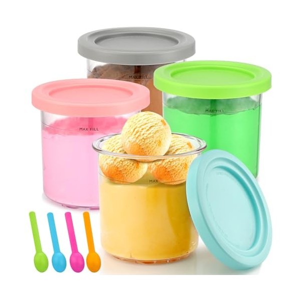 Lot de 4 Bacs à Crème Glacée pour Ninja Creami, Récipients à Crème Glacée avec Couvercles e 4 Cuillères, Dessert Tubs, Passe 