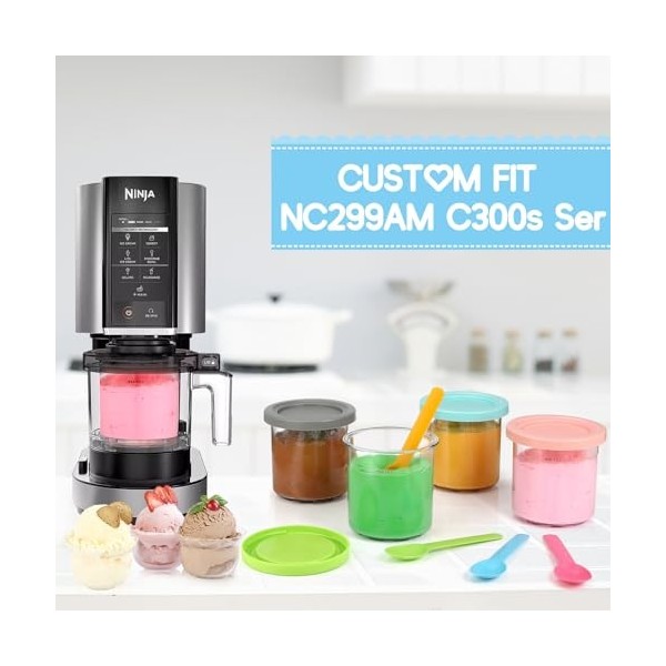 Lot de 4 Bacs à Crème Glacée pour Ninja Creami, Récipients à Crème Glacée avec Couvercles e 4 Cuillères, Dessert Tubs, Passe 