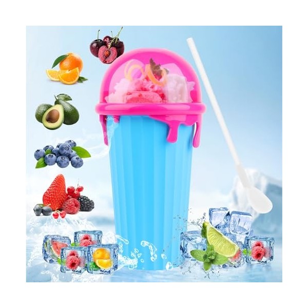 RISVOWO Slushy Maker Cup, Squeeze Cup en Silicone 500ml avec paille et cuillère 2 en 1 Frozen Magic Slushy Maker Cup pour Fai