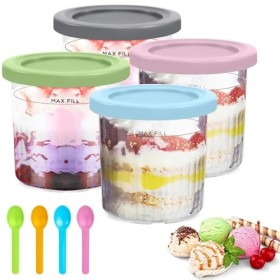 Lot de 4 Pots à Crème Glacée de Rechange avec Couvercles et Cuillère pour Machine à Crème Glacée Ninja Creami Breeze, Récipie