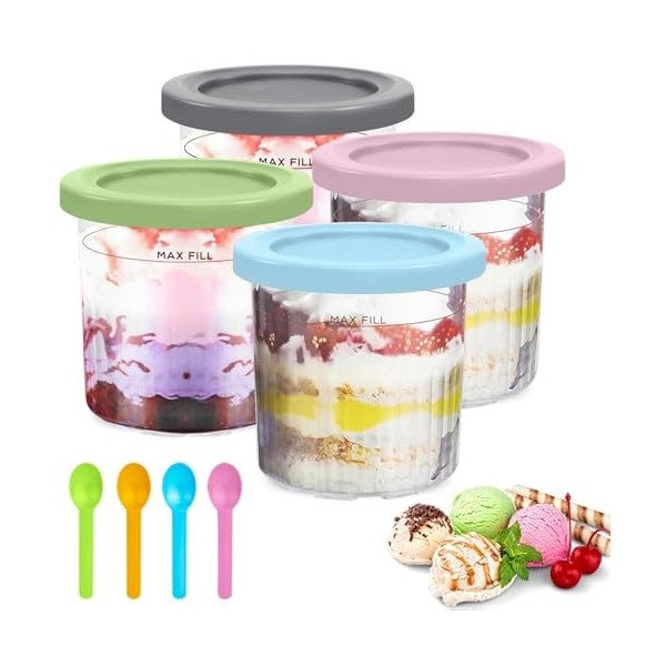 Lot de 4 Pots à Crème Glacée de Rechange avec Couvercles et Cuillère pour Machine à Crème Glacée Ninja Creami Breeze, Récipie