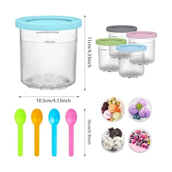 Lot de 4 Pots à Crème Glacée de Rechange avec Couvercles et Cuillère pour Machine à Crème Glacée Ninja Creami Breeze, Récipie