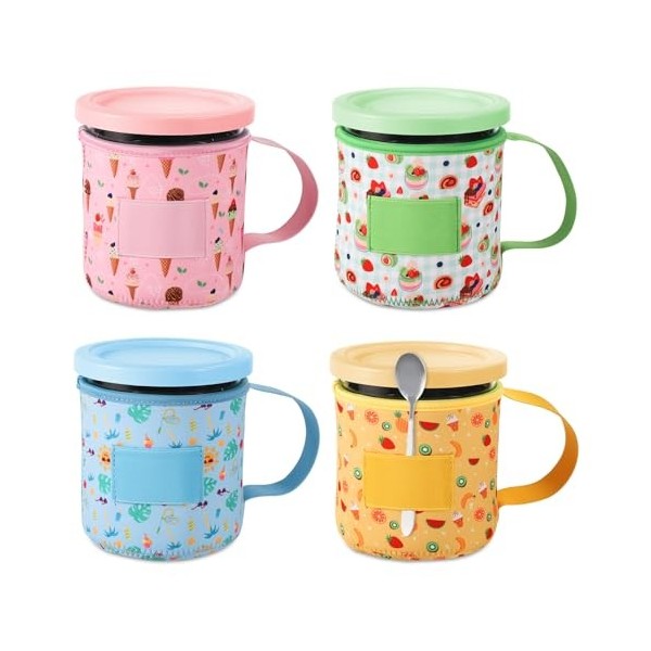 4pcs Housse Néoprène pour Glace, Imprimés, Réutilisables Étui Isolant pour Glace pour Ninja Creami 24oz Récipients pour Machi