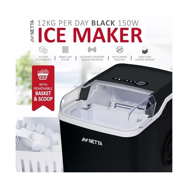 NETTA Machine à glaçons pour comptoir – Capacité de 12 kg 1,8 L – Prêt à la glace en 10 minutes | Aucune plomberie requise | 