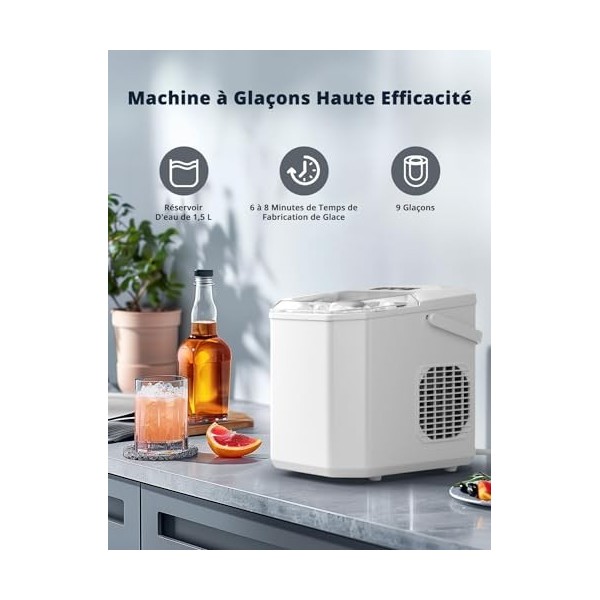 Machine à Glaçons, 12kg en 24h, 9 Glaçons en 6 à 8 Minutes, Blanc Machine a Glacons avec Fonction Autonettoyante, pour la Mai