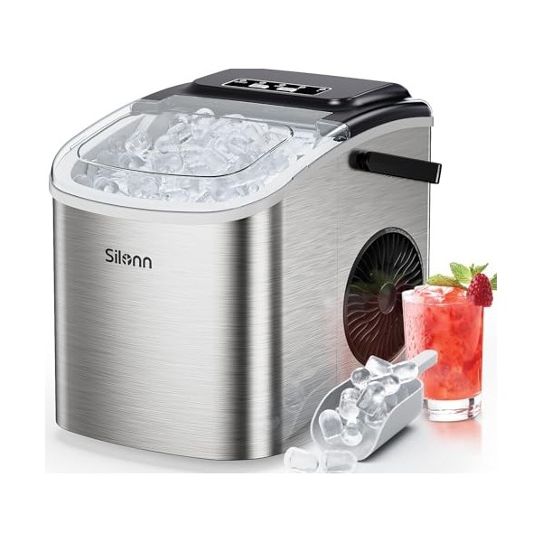 Silonn Machine à Glaçons Petite Machine à Glaçons avec Poignée de Transport, 9 Glaçons en Seulement 6 Min., 12 kg de Glace en
