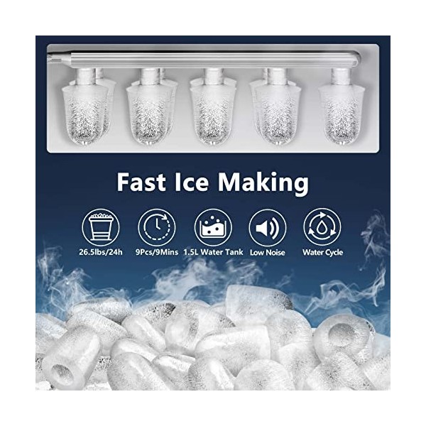 KUMIO Machine à Glaçons, 12kg/24h, 9 Glaçons épais Prêts en 6-9 Min, Pelle à Glace et Panier et Réservoir deau de 1,5L, Mach