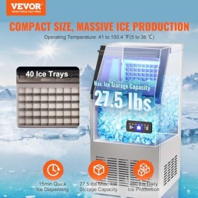 VEVOR Machine à Glaçons Commerciale 38 kg/24 h Appareil de Préparation de Glaçons 40 Bacs à Glaçons Capacité de Stockage 12,5
