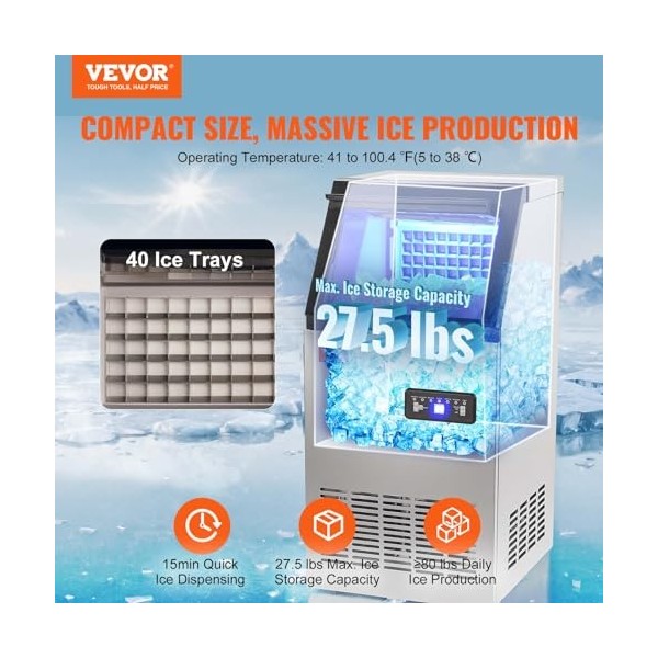 VEVOR Machine à Glaçons Commerciale 38 kg/24 h Appareil de Préparation de Glaçons 40 Bacs à Glaçons Capacité de Stockage 12,5