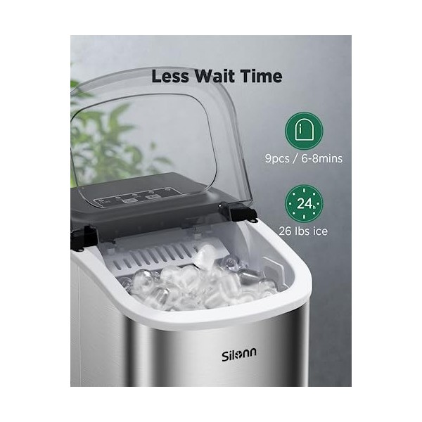 Silonn Machine à glaçons de comptoir, produit 9 glaçons en 6 minutes, capacité quotidienne de 12 kg, machine à glace autonett