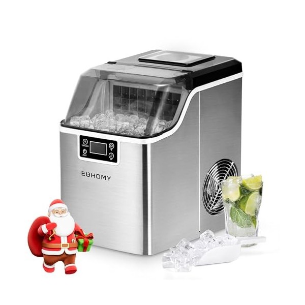 EUHOMY Machine à glaçons en acier inoxydable, 24 glaçons en 13 minutes, 24 kg/24 h, machine à glaçons gastro, auto-nettoyante