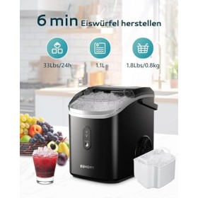 EUHOMY Machine à glaçons 15 kg/24 h, fabrication en 6 minutes, glace pilée, pépites glace, nettoyage automatique, machine à g