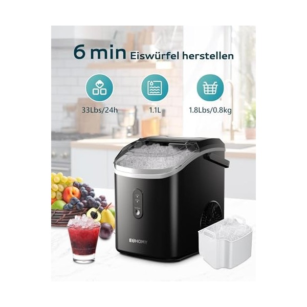 EUHOMY Machine à glaçons 15 kg/24 h, fabrication en 6 minutes, glace pilée, pépites glace, nettoyage automatique, machine à g