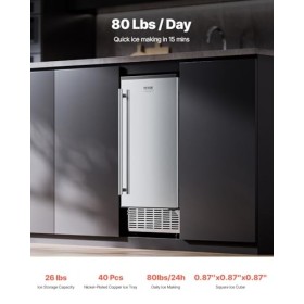 VEVOR Machine à Glaçons sous Plan Encastrable, Appareil de Préparation de Glaçons Capacité 36,3 kg/24 h, avec Porte Réversibl
