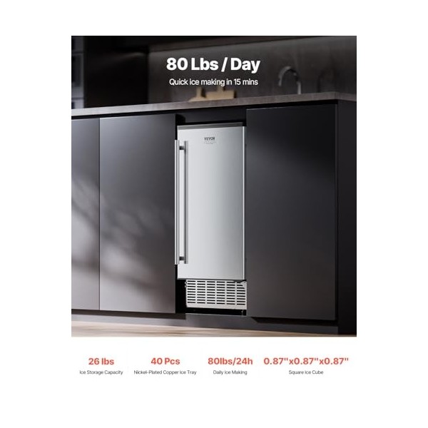 VEVOR Machine à Glaçons sous Plan Encastrable, Appareil de Préparation de Glaçons Capacité 36,3 kg/24 h, avec Porte Réversibl