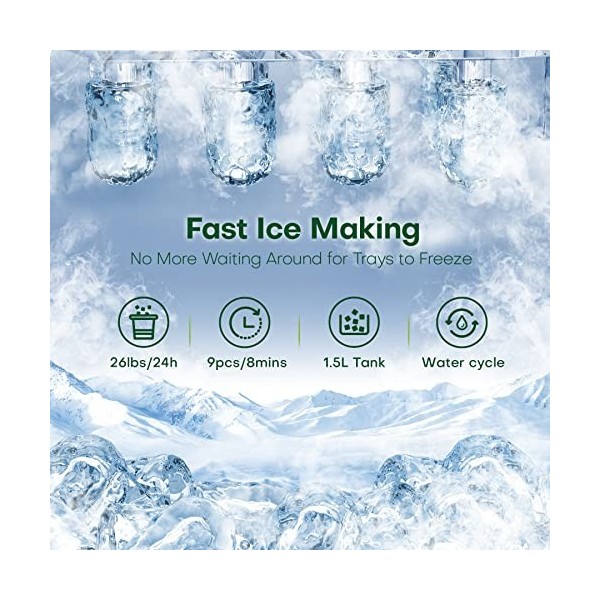 CONOPU Machine à glaçons, 9 glaçons à cône creux prêts en seulement 9 minutes, petite machine à glaçons 12 kg/24h, 2 tailles 