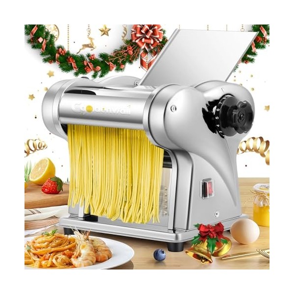 CGOLDENWALL Fraiche Machine à Pâtes Électrique Acier Inoxydable Pétrin avec 2 Lames de 1.5 mm Rondes et 4 mm Plates, 6 Réglag