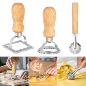 Winter Shore Ensemble Emporte Piece Ravioli & Roulette Raviolis [Lot de 3] - Manches en Bois de Chêne, Bords Festonnés - Alli