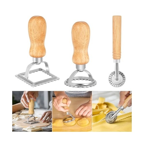 Winter Shore Ensemble Emporte Piece Ravioli & Roulette Raviolis [Lot de 3] - Manches en Bois de Chêne, Bords Festonnés - Alli