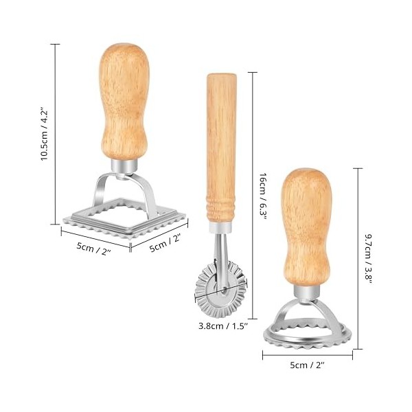 Winter Shore Ensemble Emporte Piece Ravioli & Roulette Raviolis [Lot de 3] - Manches en Bois de Chêne, Bords Festonnés - Alli