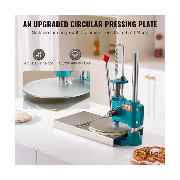 VEVOR Presse à Pâtes 24 cm Diamètre Machine à Pizza Manuelle avec Plateau en Acier Inoxydable Formeuse à Pizza Domestique Hau
