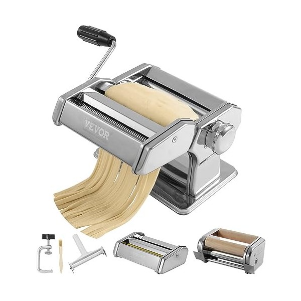 VEVOR Machine à Pâtes Manuelle Acier Inox Machine à Pâtes Fraîches Italiennes 9 Épaisseurs 0,3-3 mm Largeur 1,5/6,6 mm 3/45 m
