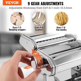 VEVOR Machine à Pâtes Manuelle Acier Inox Machine à Pâtes Fraîches Italiennes 9 Épaisseurs 0,3-3 mm Largeur 1,5/6,6 mm 3/45 m