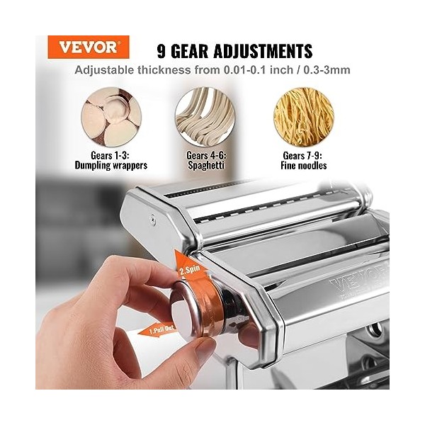VEVOR Machine à Pâtes Manuelle Acier Inox Machine à Pâtes Fraîches Italiennes 9 Épaisseurs 0,3-3 mm Largeur 1,5/6,6 mm 3/45 m