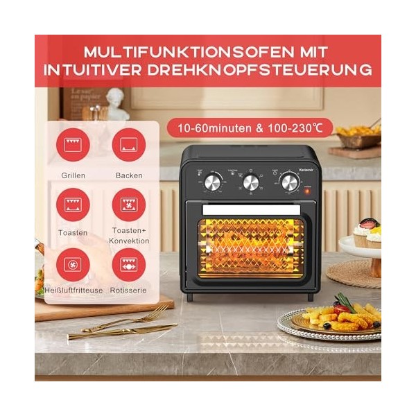 Karienvir Friteuse sans Huile 20 L, 1800W Friteuse à air chaud, Mini Four électrique, 6 Fonctions, 7 Accessoires, Grande Capa