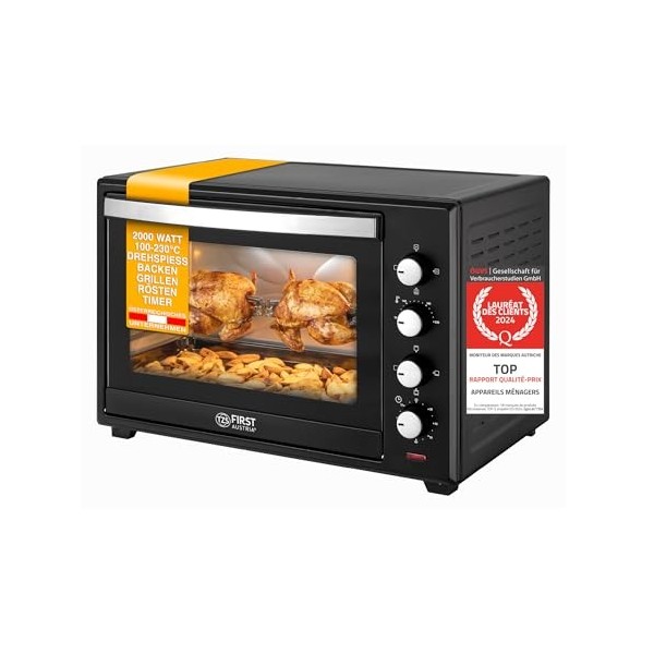 TZS First Austria Mini four Electrique 45L, Four à convection 2000W, Réglage de la température 100-230°, Grille et Plaque de 