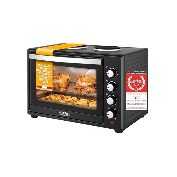 TZS First Austria Mini-four avec plaques de cuisson I 60 l I Four 1800 W, 1000 W + 600 W I Convection I Rôtissoire I 5 modes 