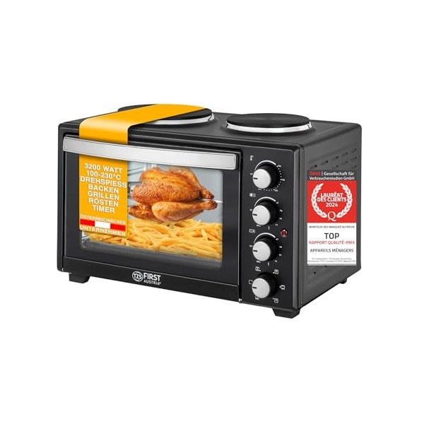 TZS First Austria Mini Four Electrique 30L, 3200W, Four Posable à Convection avec Minuteur 0-60 min, Grille et Plaque de Four