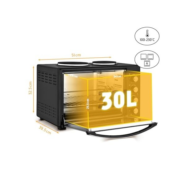 TZS First Austria Mini Four Electrique 30L, 3200W, Four Posable à Convection avec Minuteur 0-60 min, Grille et Plaque de Four