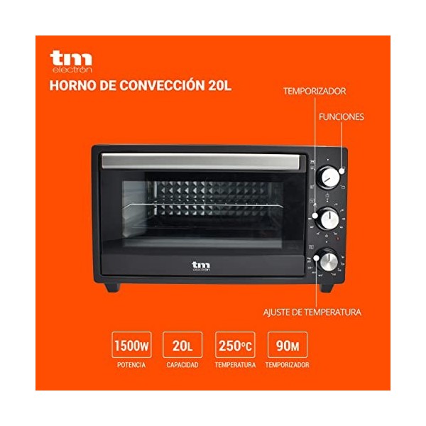 TM Electron TMPHO020 Four à convection de table, 5 fonctions, capacité de 20 litres, minuterie 90 minutes, température réglab