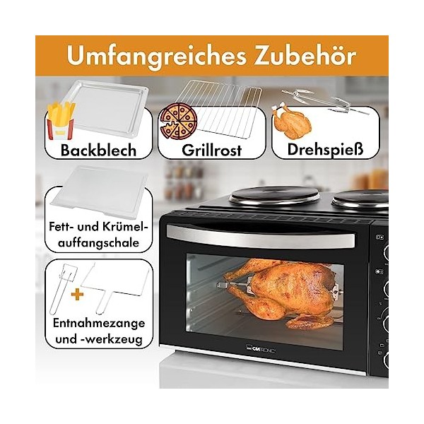 Clatronic® Mini-four avec plaques de cuisson et broche tournante | cuisson et rôtissage simultanés | mini-four à convection d