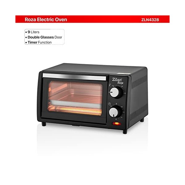 Zilan - Four électrique 9 L, double verre de sécurité, minuteur, 2 pièces de résistance à quartz, plateau ramasse-miettes, 1 
