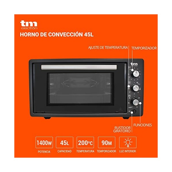TM Electron TMPHO045 Four à convection de table, 6 fonctions, capacité de 45 litres, minuterie 90 minutes, température réglab