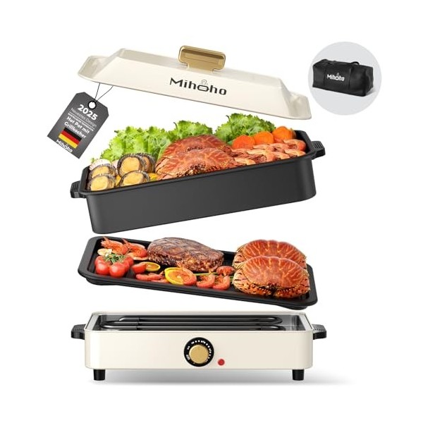 compétence électrique pour barbecue et hotpot avec sac de transport, 1400 W, poêle multifonction 2 en 1, cuisinière lente de 