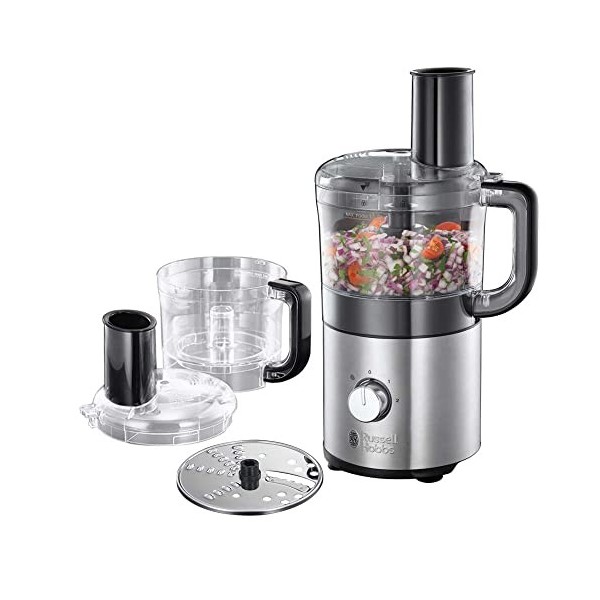 Russell Hobbs Robot de cuisine [Multifonction: hache/coupe/râpe] Compact Home design peu encombrant, 2 vitesses, fonction pu