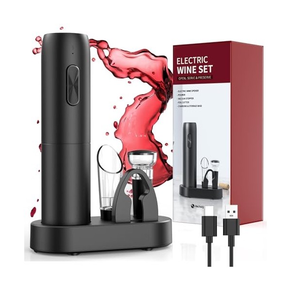 Tire bouchon electrique rechargeable avec socle de recharge, ouvre bouteille electrique 6 en 1 cadeau homme femme avec bec ve