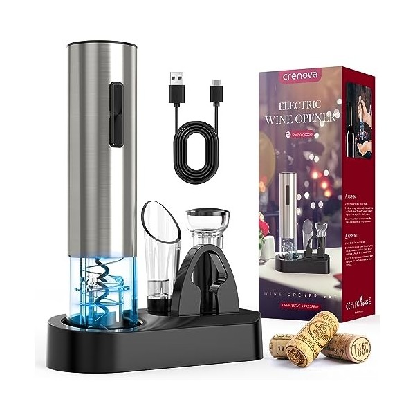 Crenova Tire bouchon électrique rechargeable 6-en-1 avec bouchon à vide, aérateur, coupe-feuille, base daffichage et câble d