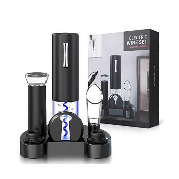 Anpro Tire Bouchon Electrique - Électrique Ouvre Bouteille Automatique avec Base de Charge, Coupe-Capsule, Aérateur de Vin, B