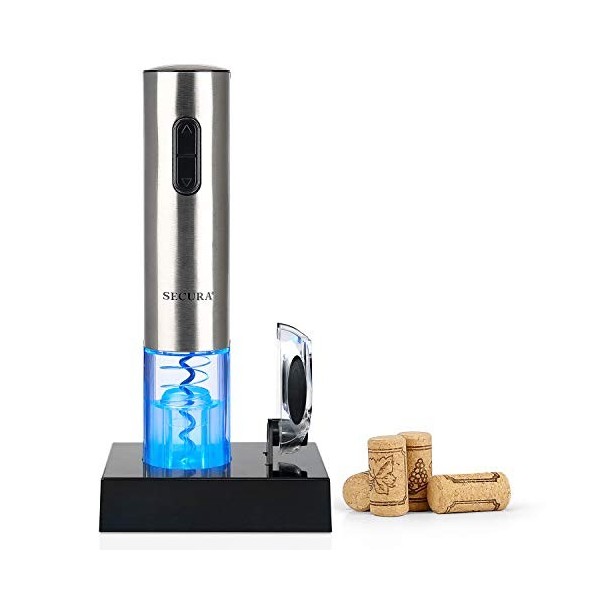 Secura Tire Bouchon Électrique Acier Inoxydable Ouvre-Bouteilles de vin Électriques avec Base Rechargeable et Coupe-Capsule
