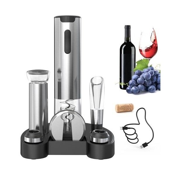 CIRCLE JOY Tire Bouchon Électrique Rechargeable 7 en 1 Coffret Cadeau avec base 2 en 1, Coupe-Capsule, Aérateur De Vin, Pompe