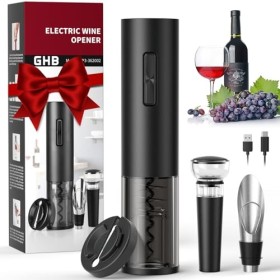 GHB Tire-Bouchon Electrique Rechargeable Ouvre Bouteille Electrique 6 EN 1 avec Coupe-Capsule, Verseur, Bouchon à Vin Cadeau 