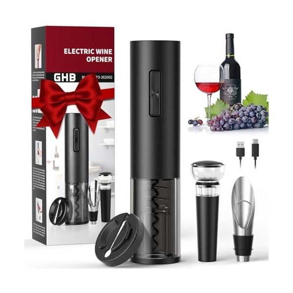 GHB Tire-Bouchon Electrique Rechargeable Ouvre Bouteille Electrique 6 EN 1 avec Coupe-Capsule, Verseur, Bouchon à Vin Cadeau 